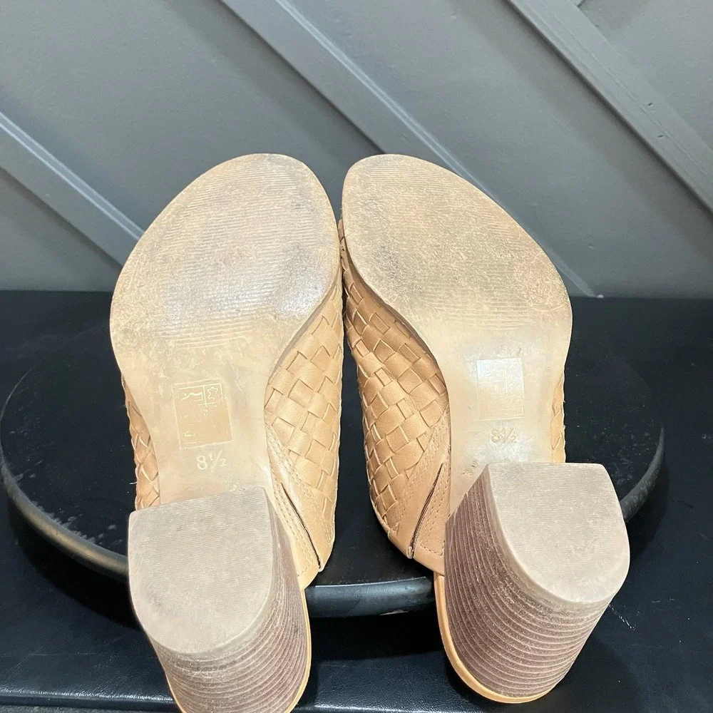 Madewell Womens 8.5 Woven Leather Mule Clogs Tan Brown Block Heel Slip On Shoes